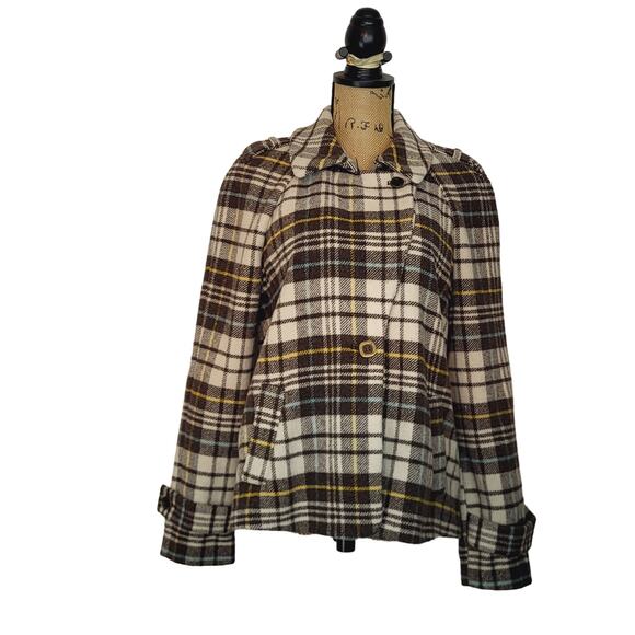 Charter Club Y2K Brown Plaid Wool Blend Short Swing Pea Coat Raglan Sleeves Sz L - Picture 3 of 15